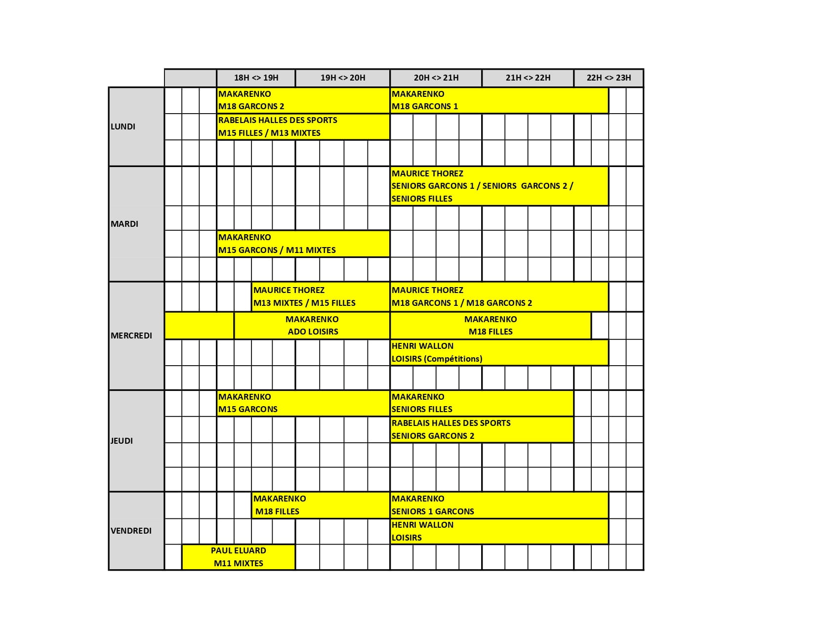 Planning entrainements section volley 2026-2027